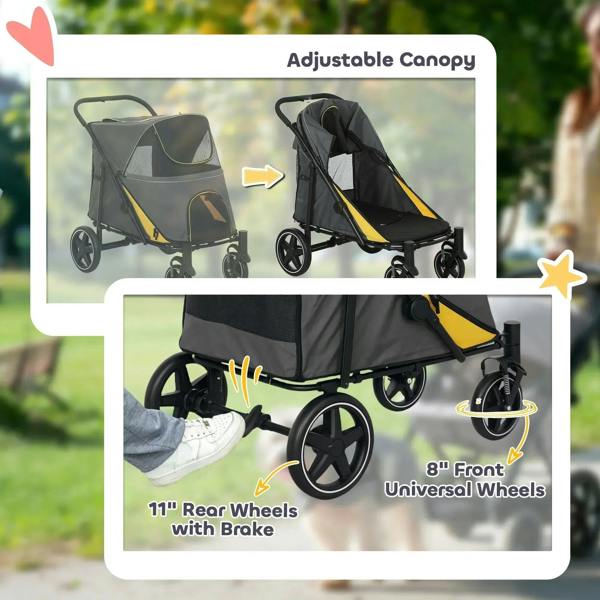 Foldable pet stroller with adjustable canopy and front universal wheels