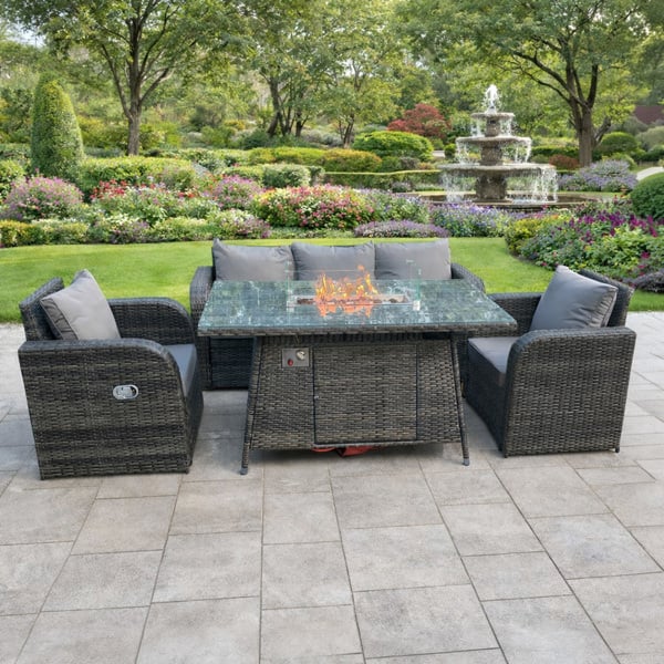 Fimous 5 Seater Rattan Garden Furniture Set with Gas Fire Pit Table, Sofa & 2 Reclining Chairs - Dark Grey