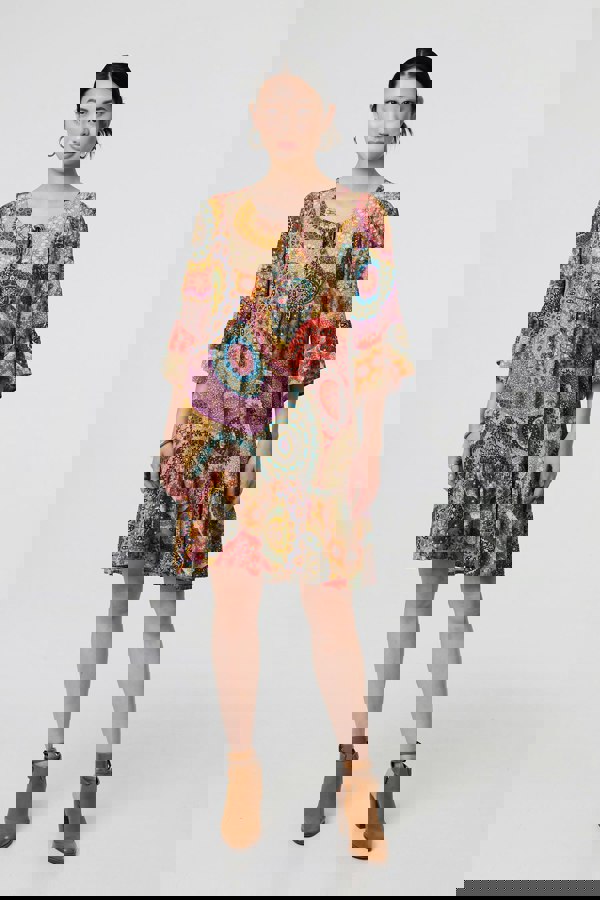 Multi Beige | Kaleidoscope Print 3/4 Sleeve Short Dress
