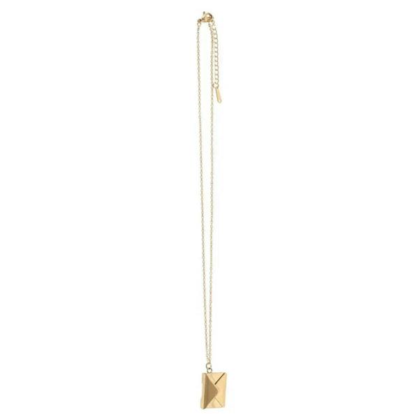 Gold-tone long chain necklace with small cube-shaped locket pendant