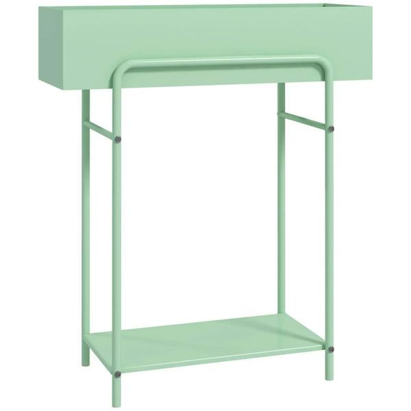 Green 2-tier metal plant stand with open frame and top and bottom shelves