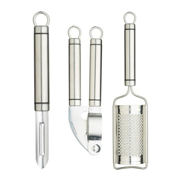 KitchenCraft Oval Handled Professional Stainless Steel Kitchen Tools, 3pc Set Including Peeler, Garlic Press and Curved Grater