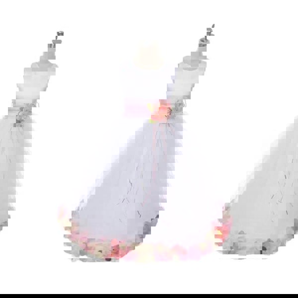 White flower girl dress with blended pink petals and sash