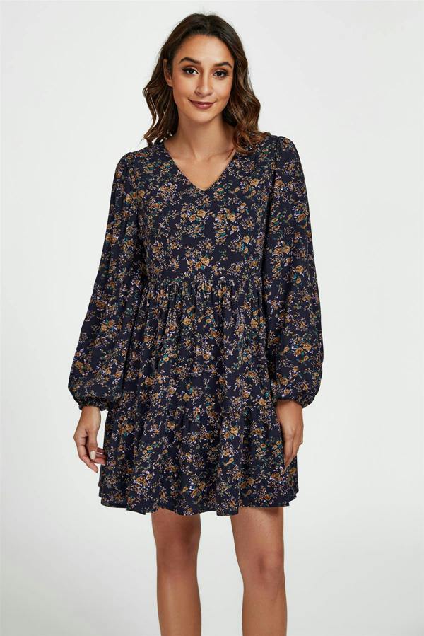FS Collection Little Floral Print V Neck Mini Dress In Navy