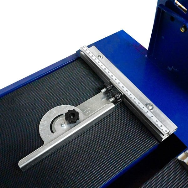 T-Mech Wet Tile Cutter Bench features a sturdy blue base, adjustable cutting guide, and textured surface for precise tile cutting