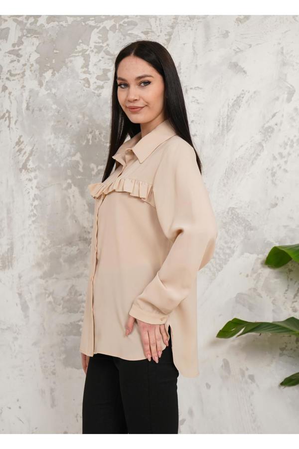 Hoxton Gal Oversized Frill Detailed Long Sleeves Blouse Shirt in Beige