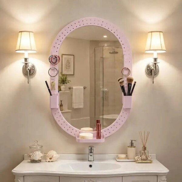 Oval Wall Mirror, 60 x 90 cm Decorative Hanging Mirror with Pegboard Frame, Wall-Mounted, Pink - Pink