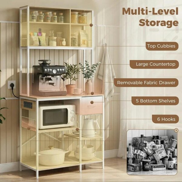 Kitchen Baker's Rack, Microwave Stand with Storage Shelves and 6 Hooks for Small Spaces
