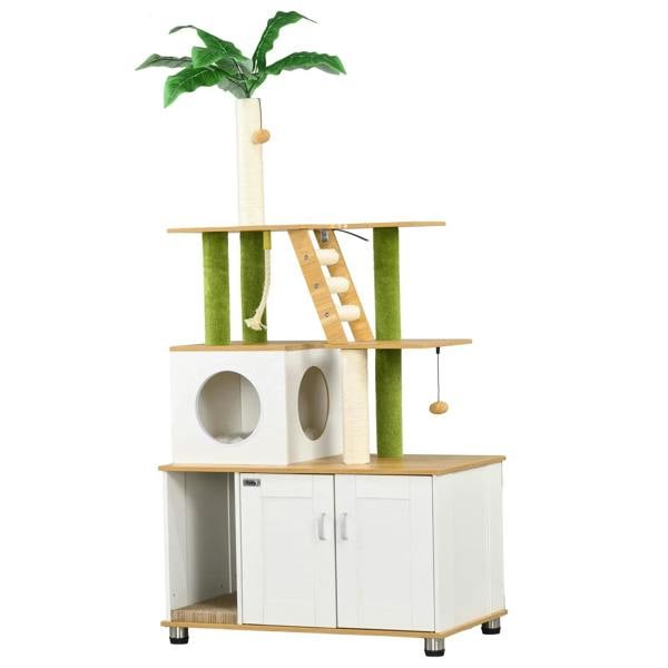 2-in-1 hidden cat litter box cat tree with house, ladder, and scratching posts, oak and green