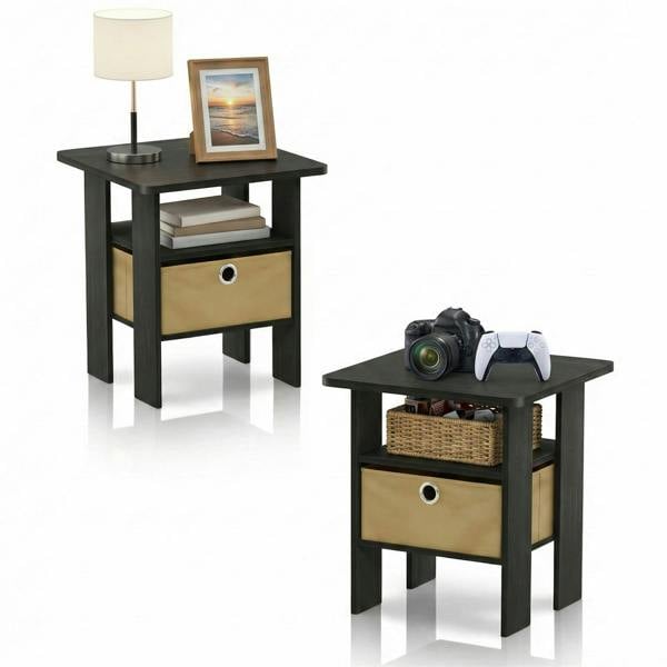 WALPLUS Andrey End Table Nightstand with Bin Drawer Set of | Stylish Table for Home Use with Practical and Modern Design | 2, Espresso/Brown, 2