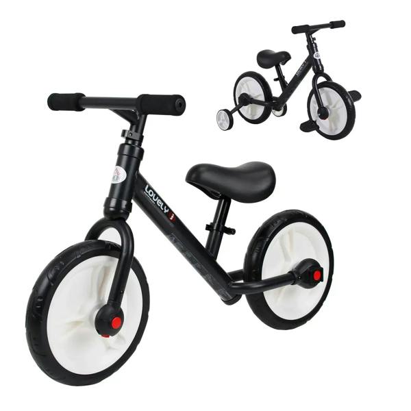Kids black balance bike with training pedals, removable stabilizers, and adjustable seat