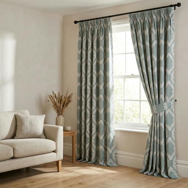 Omni made-to-measure curtains in Teal, styled in a living room