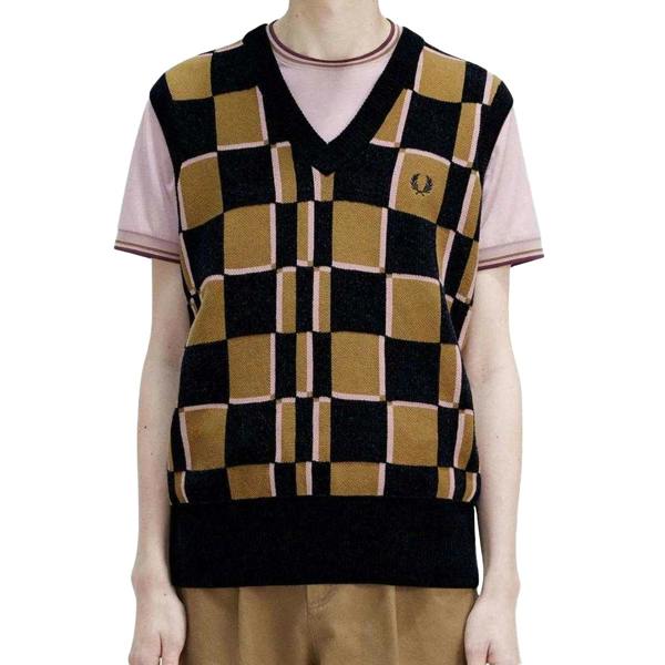 Fred Perry Mens Checkerboard Knitted Sweater Vest - Stone - 