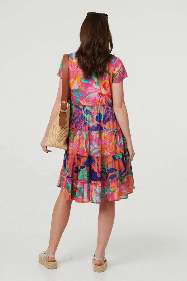 Pink | Floral Tiered Knee Length Dress