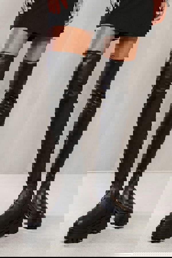 Where's That From Jacinta Chunky Over the Knee Boot With Lace Detail in Black