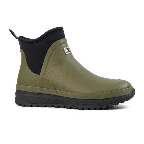GriSport Mudmate Mens Pull On Rubber Chelsea Ankle Wellie Boots, olive green waterproof ankle boots with black sole and elastic side panels for easy slip-on wear.