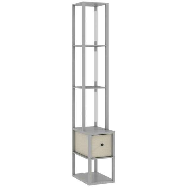 Grey modern floor lamp with vertical shelves and fabric drawer at the base