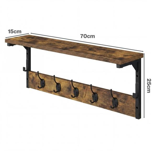 Levede Coat Rack Wall Mounted Shelf 7 Hooks Heavy Duty Entryway Storage Brown