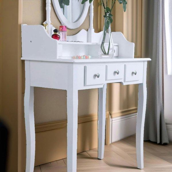 Rafaelo Mobilia 5 Drawer White Dressing Table With Mirror And Stool