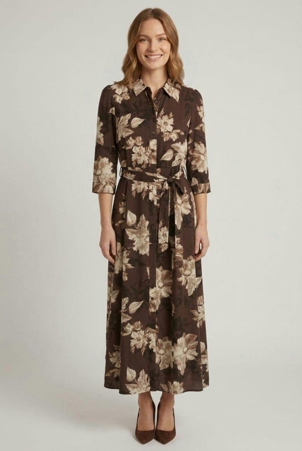 Izabel London Floral 3/4 Sleeve Tie Maxi Shirt Dress