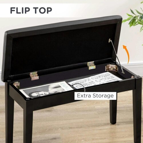 Bobobiy Classic Piano Bench Stool, PU Leather Padded Keyboard Stool with Rubber Wood Legs and Music Storage Compartment, Black