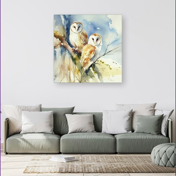 Warren Reed Barn Owls Watercolour Canvas