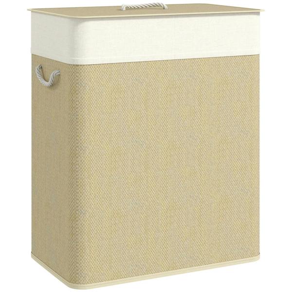 Double laundry hamper with lid, cream woven fabric bin with rope handles