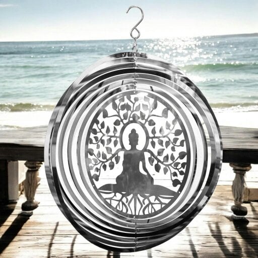 EDH Door Hardware Buddha Wind Spinner - Stainless Steel Hanging Garden Décor, Zen Outdoor Metal Art, Spiritual Yard Ornament, Kinetic Spinner