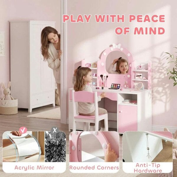 Kids Vanity Set, Kids Dressing Table with Stool, 2-Colour Lights Mirror, Cabinet, Drawer and Shelves, Pink