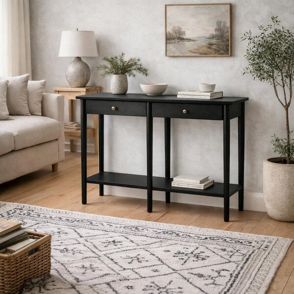 Wyld Haus Newbridge Black Wooden Console Table 2 Drawers Bottom Shelf