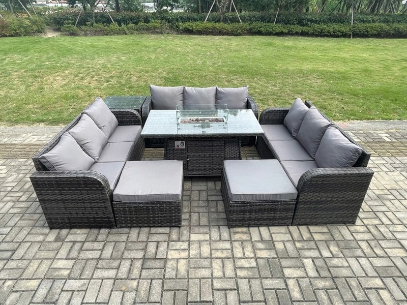 Fimous Rattan Outdoor Garden Furniture Set with Gas Fire Pit Tabl, Side Table, 3 Sofas, 2 Large Footstools - 11 Seater - Dark Grey