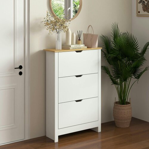 Wyld Haus Rokeha Wooden White and Natural Narrow Shoe Cupboard With 3 Flip Drawers For 18 Pairs