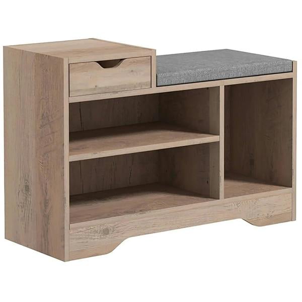 Grey upholstered shoe bench with open cubbies and a pull-out drawer, light wood frame