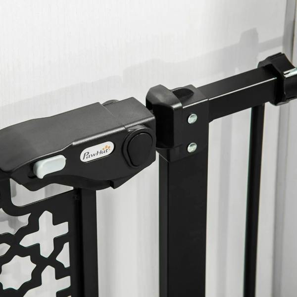 Black pet gate latch and hinge bracket with PawHut logo