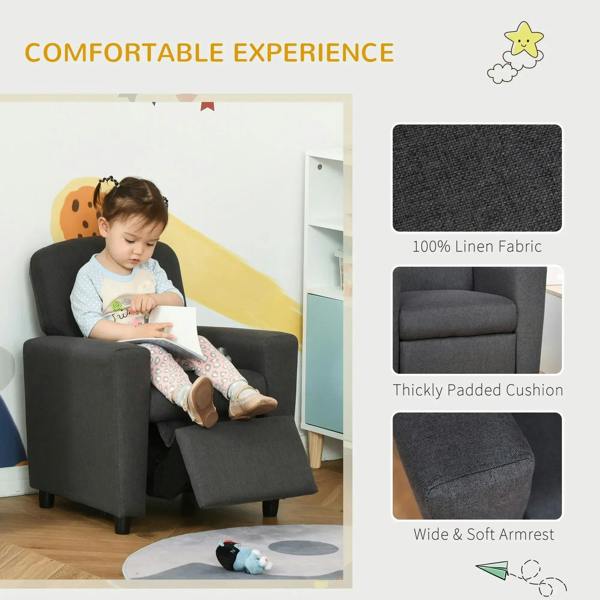 Grey kids armchair sofa with footrest, front view with textured upholstery detail