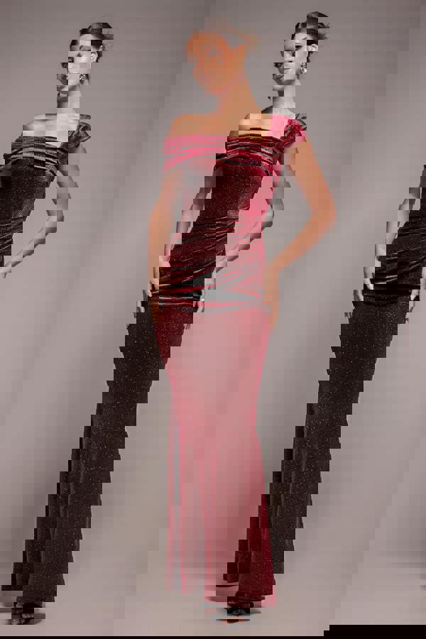 Glitter Velvet One Shoulder Maxi Dress - Wine DR5026