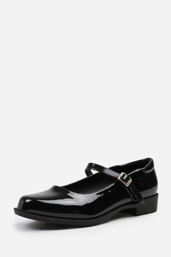 Where's That From Shaisha Extra Wide Fit Low Heel Loafer With Strap and Buckle Detail in Black Patent