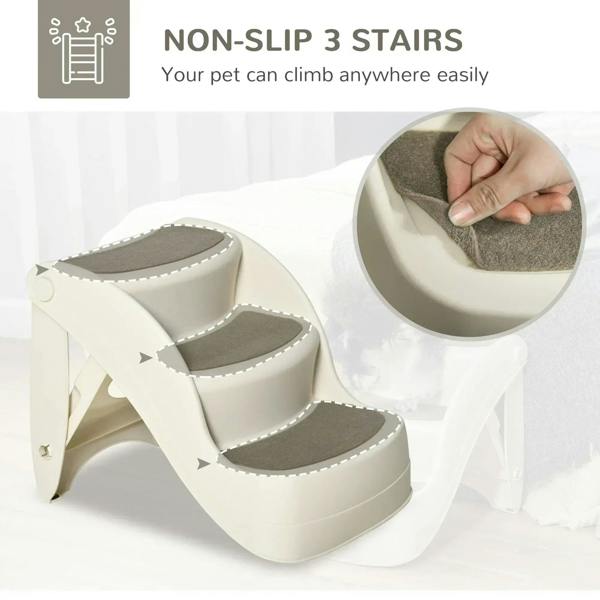 Cream 3-step pet stairs with gray non-slip steps and hand pressing tread