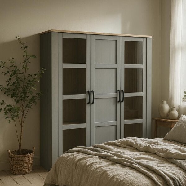 Wyld Haus Bramblecroft Grey and Natural Oak Wood Large Display Cabinet 3 Door
