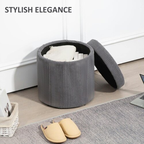 Wyld Haus Yoluha Round Grey Corduroy Storage Footstool With Removable Lid