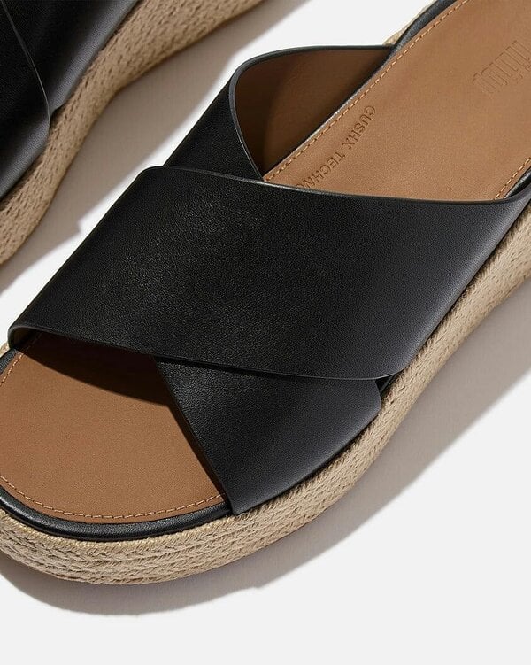 FitFlop Womens PLATFFORMS Espadrille Leather Wedge Cross Slides - Black 001