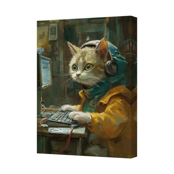Benjamin Tate Design Cat With Headphones Typing On Computer Canvas Art Print In Yellow Jacket