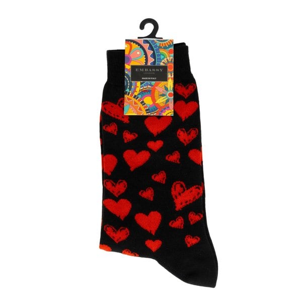 Embassy London Soulmates - Black Red - Women's cotton crew socks UK 3 to 7 in black & red hearts
