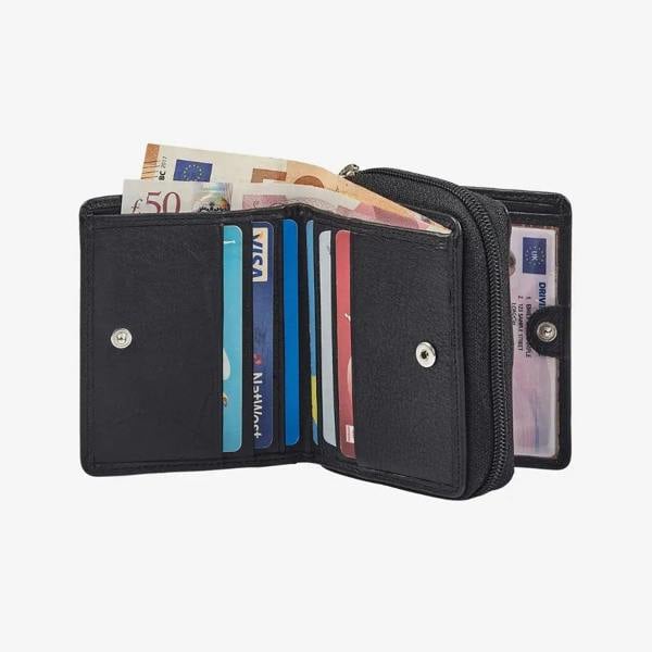 Real leather zip around purse in black with organised storage