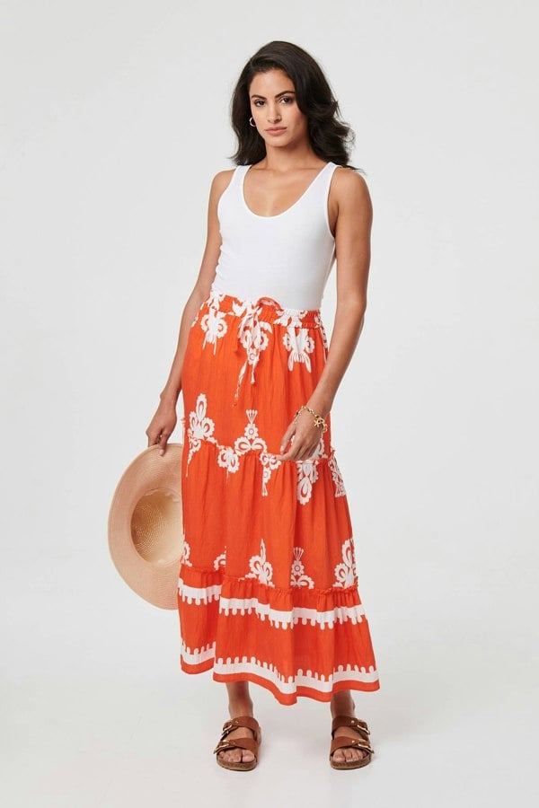 Orange | Ikat Print Tiered High Waist Midi Skirt : Model is 5'8"/172 cm and wears UK8/EU36/US4/AUS8
