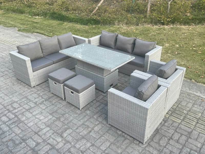 Fimous Rattan Garden Funiture Set Adjustable Rising Lifting Table Sofa Dining Set Lounge Sofa 2 Arm Chair Stool