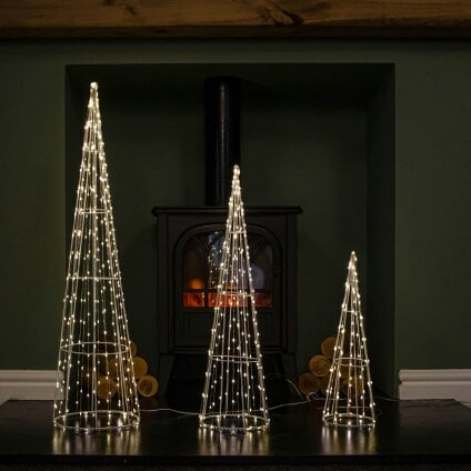 Samuel Alexander Set of 3 Light up White Metal Dewdrop Christmas Cone Trees with Warm White LEDs