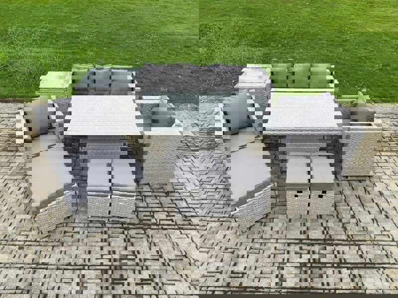 Fimous Outdoor Rattan Garden Funiture Set Height Adjustable Rising Lifting Table Sofa Dining Set with 2 Armchairs Side Table Footstools