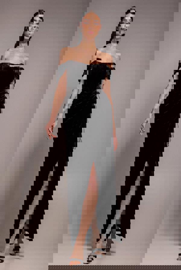 Draped Shoulder Velvet Corset Maxi Dress - Black DR4044