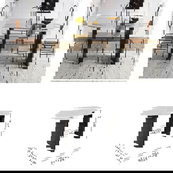 Detail view of Tambo Dining Table, Pebble Shape, Sintered Stone with dining table and four chairs